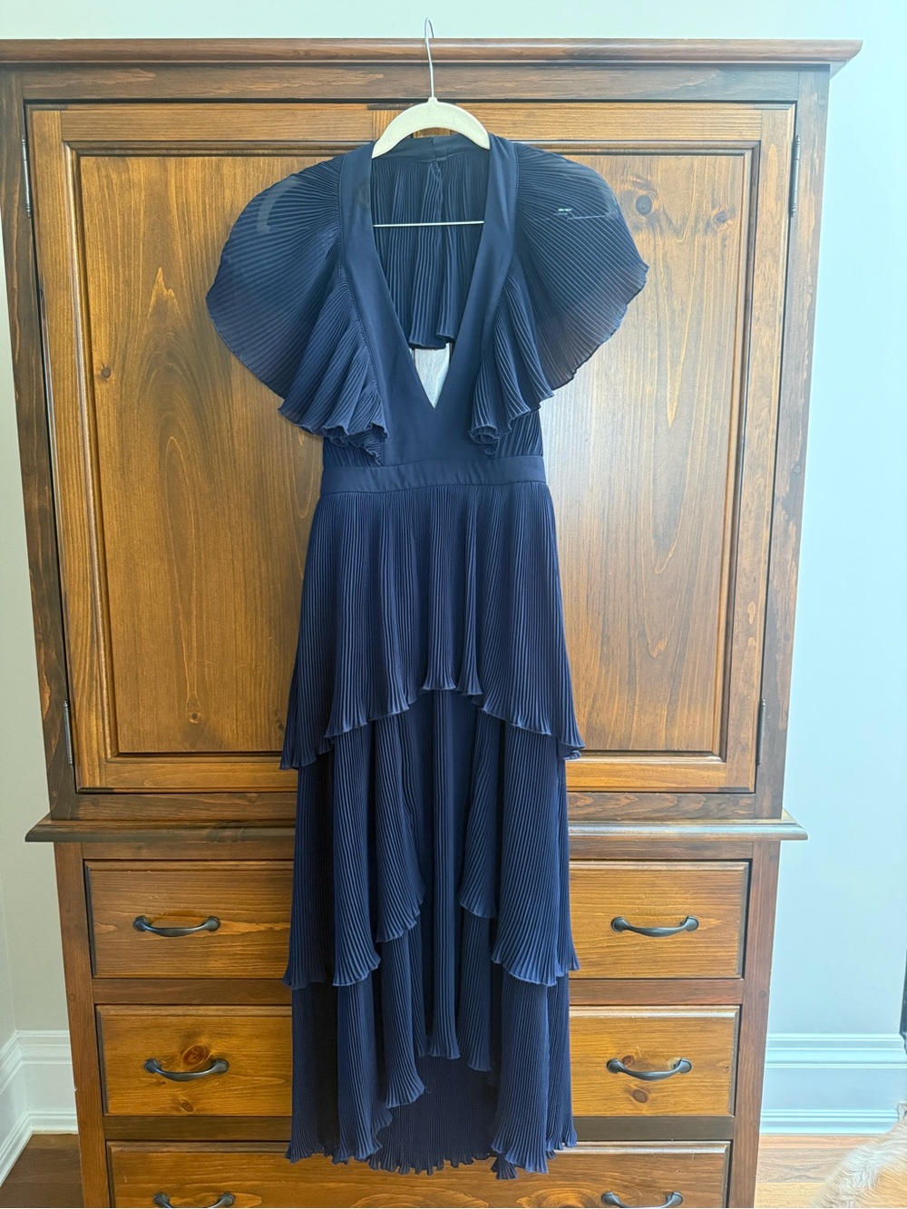 Navy Pleated Tiered V-Neck Women's Dress